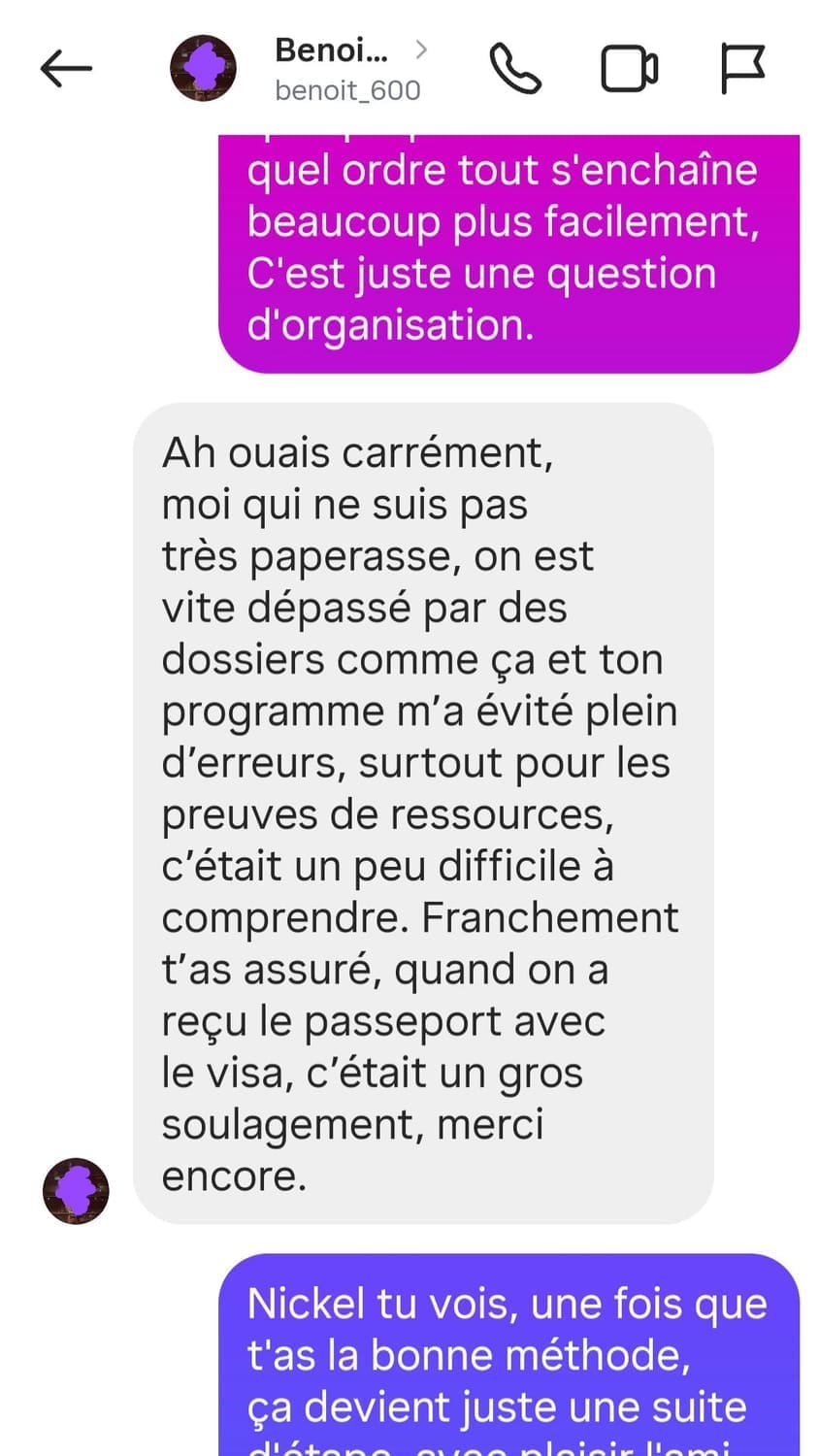 Conversation — visa accepté — Phuket → Lyon (Benoît, 29 ans)