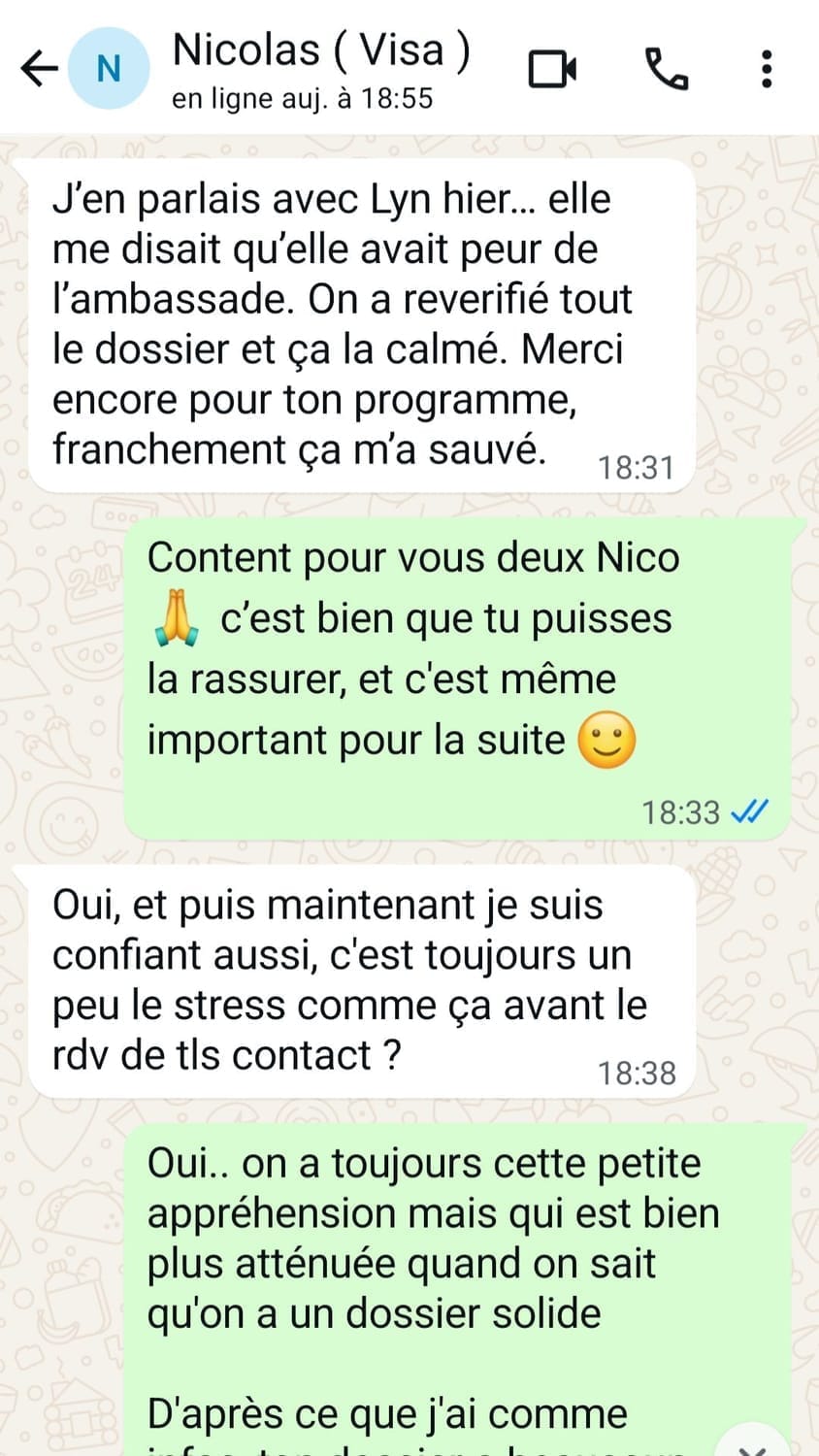 Conversation — visa accepté — Chiang Mai → Bruxelles (Nicolas, 36 ans)