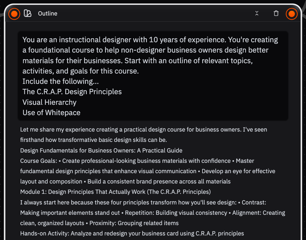 Screenshot of Outline Prompt & AI Response