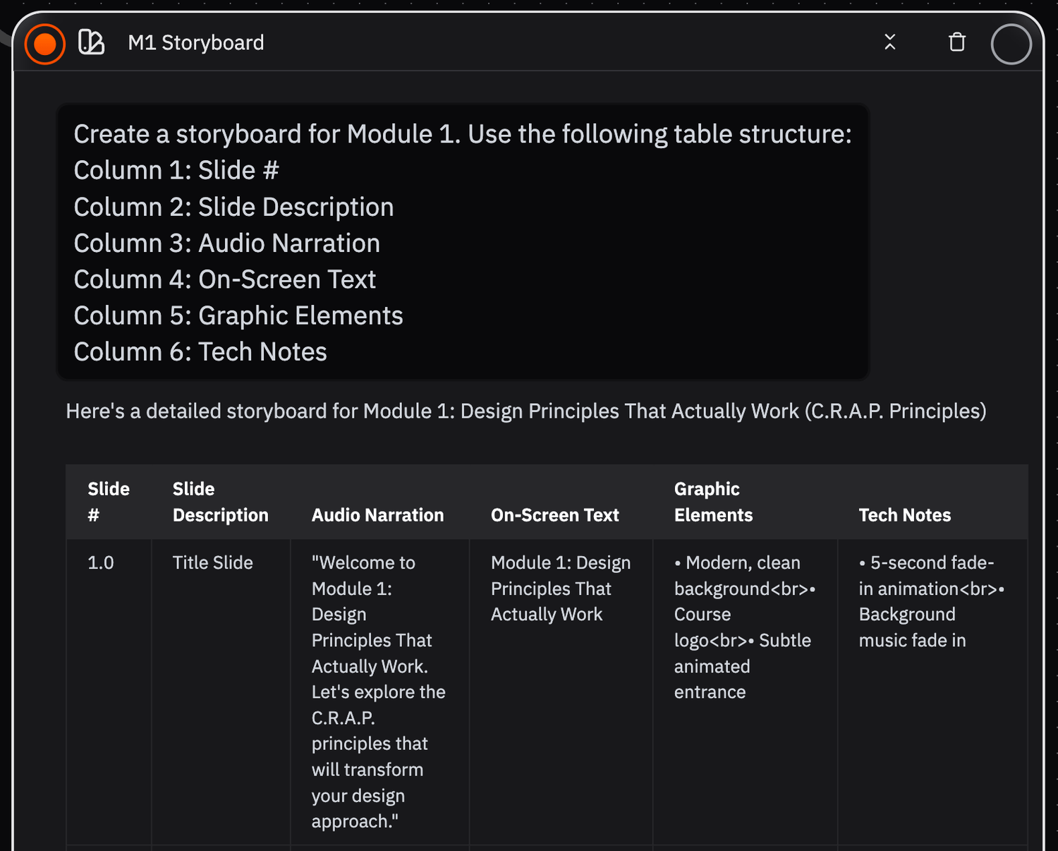 Screenshot of Storyboard Prompt & AI Response
