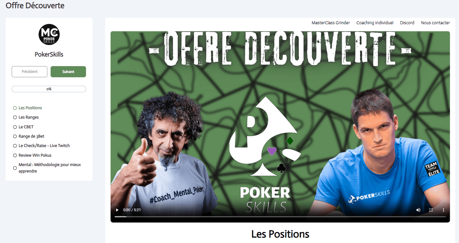 Offre Découverte PokerSkills – vidéos gratuites MTT (positions, ranges, c-bet, 3-bet, check/raise) + review Win Pokus + mindset