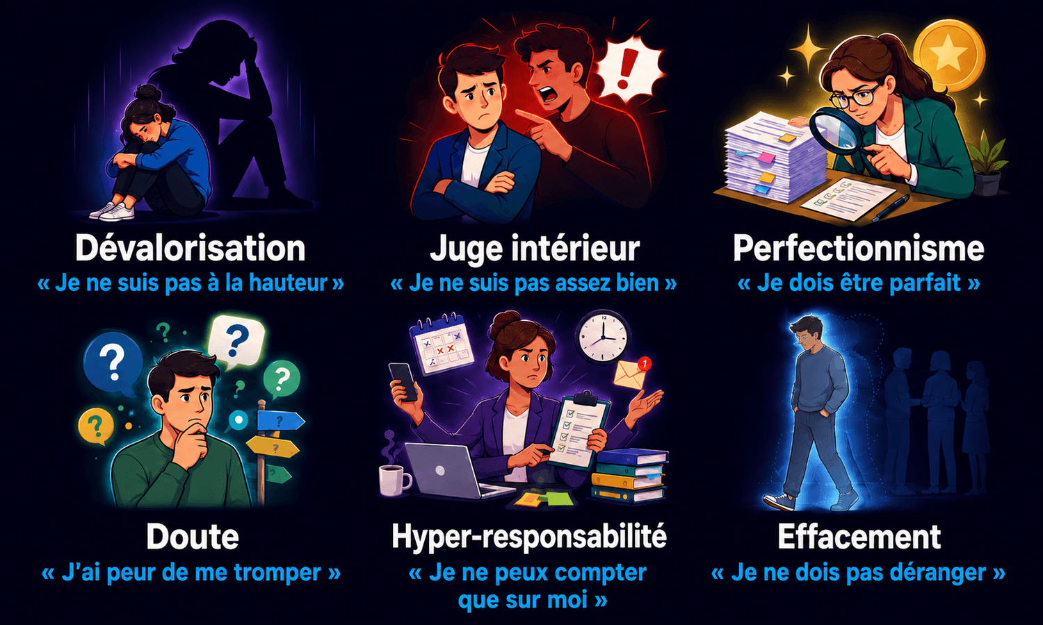 Les 6 schémas inconscients qui freinent la confiance en soi : Dévalorisation, Juge intérieur, Perfectionnisme, Doute, Hyper-responsabilité, Effacement