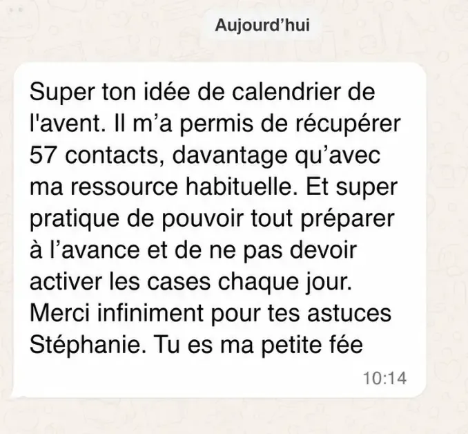 Témoignage client : calendrier de l'avent digital a généré 57 contacts pour une entrepreneure