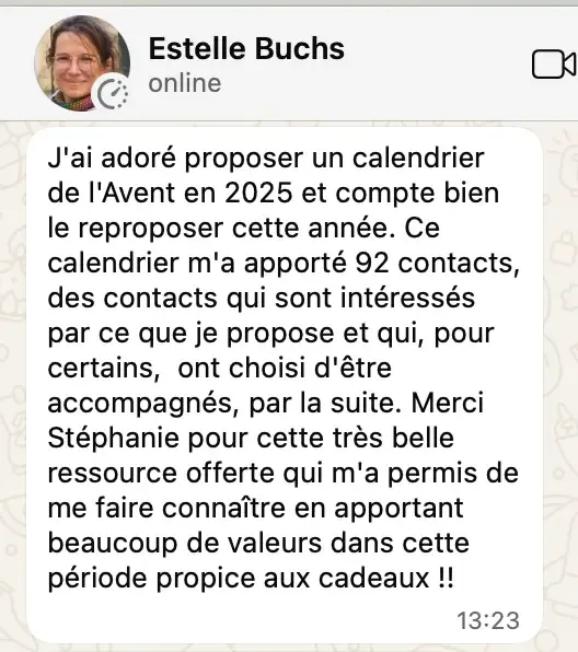 Témoignage Estelle Buchs : calendrier de l'avent interactif Systeme.io a généré 92 contacts