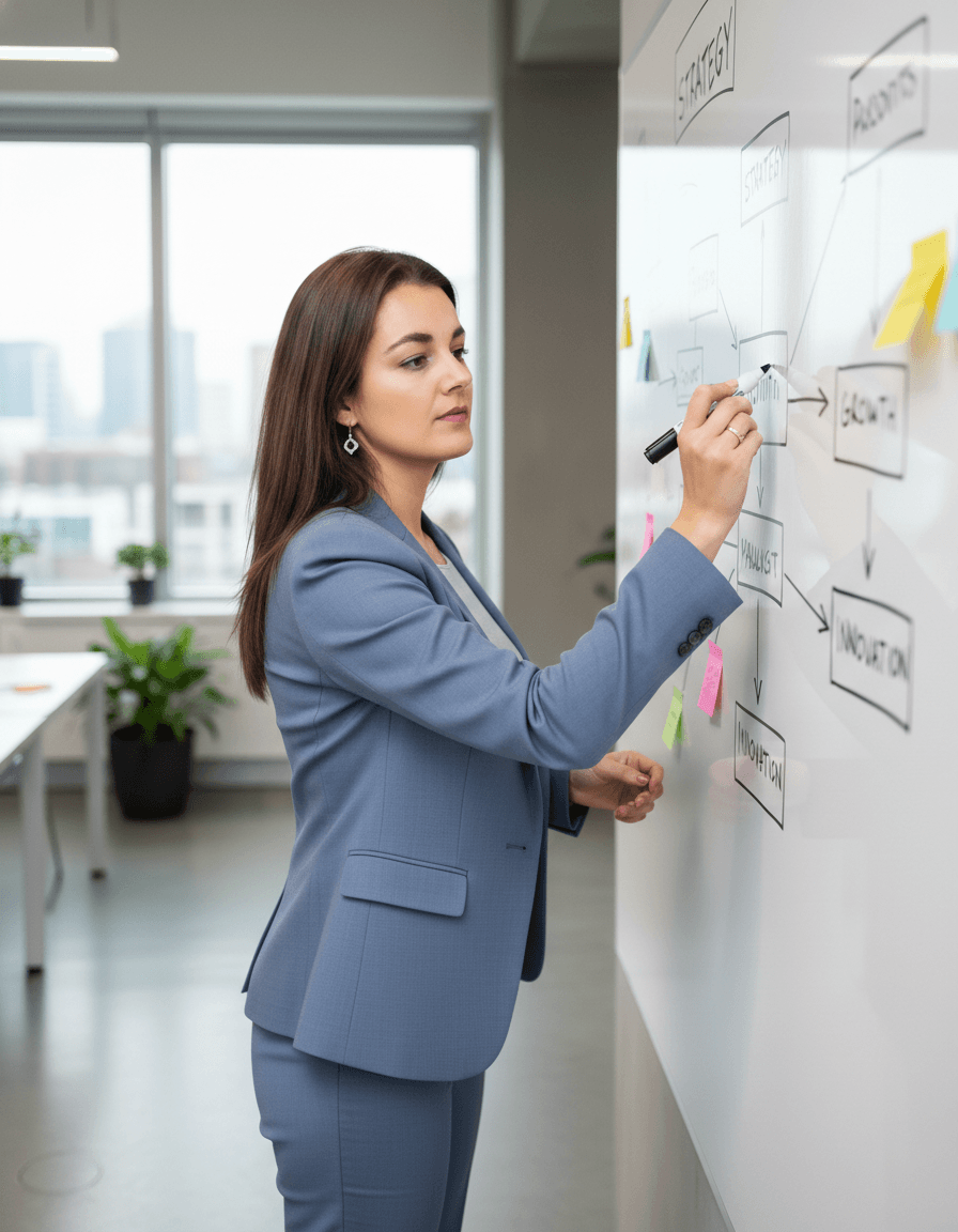 Victoria mapping out strategy on a whiteboard