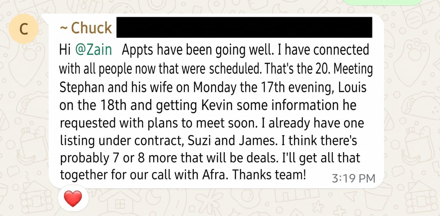 Client message reporting 27 appointments with 8 in pipeline, 3 maybes and 2 under contract