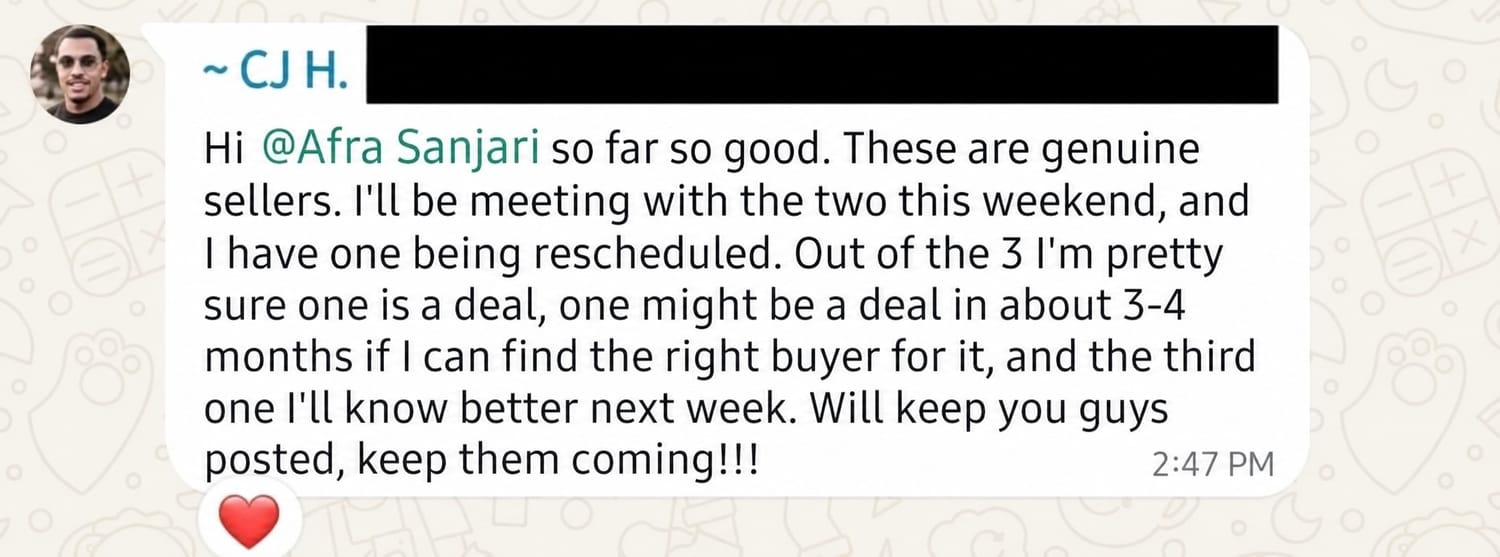 Client message: that's the 20, one listing already under contract and probably 7 or 8 more deals
