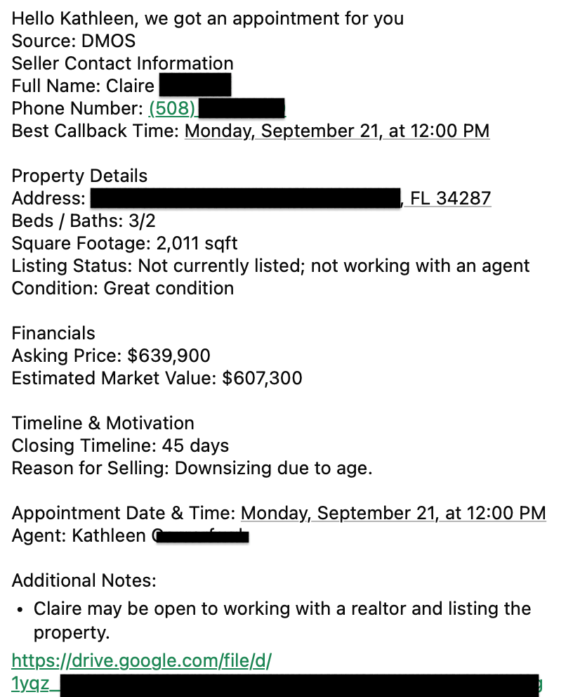 Seller appointment detail sheet delivered to the agent, private information redacted