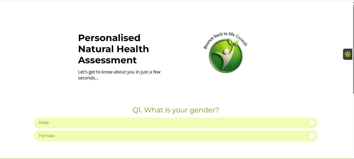 Diagnostic quiz funnel screenshot used to qualify and personalize wellness supplement leads