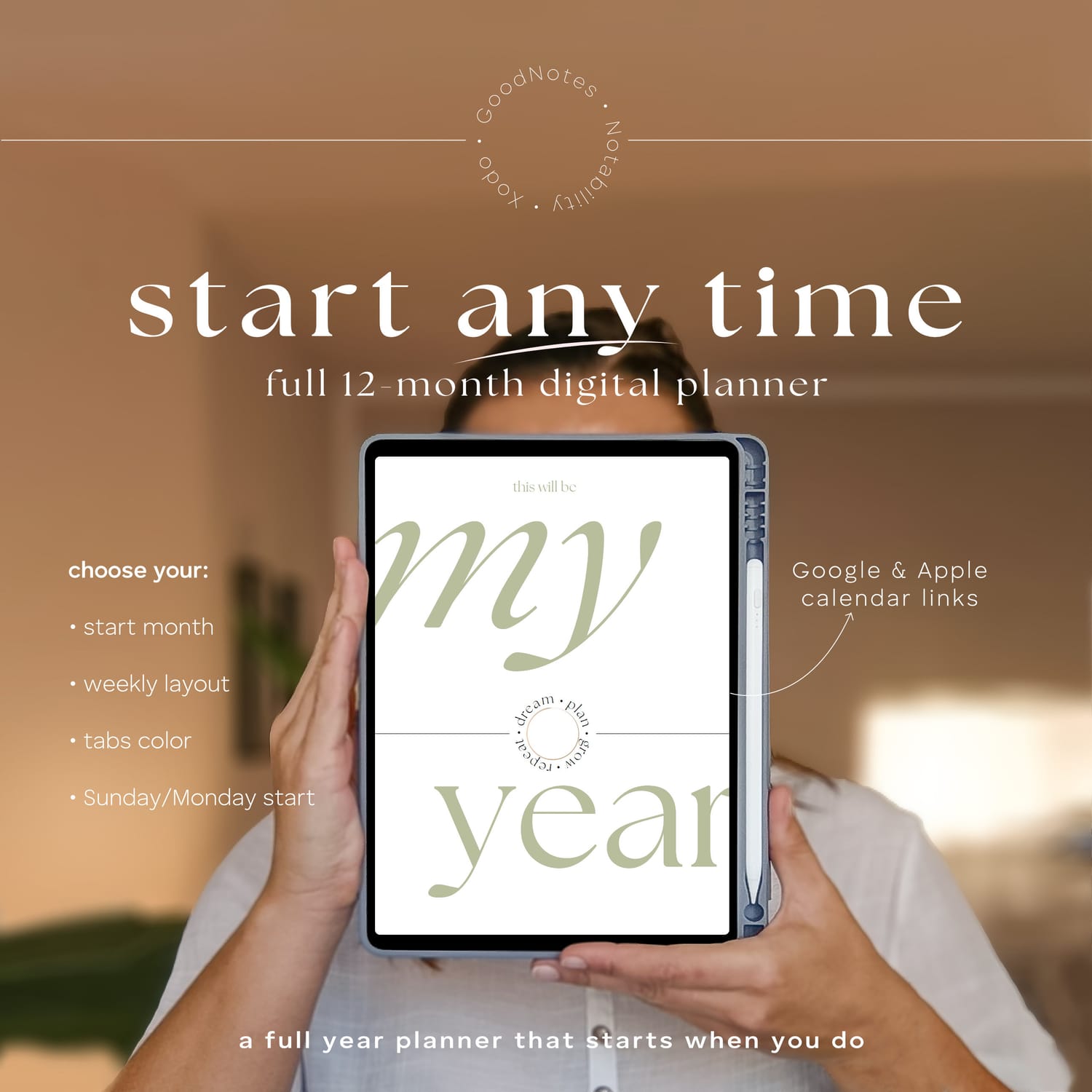 Customizable start anytime digital planner for iPad shown on tablet with hyperlinked pages and GoodNotes support
