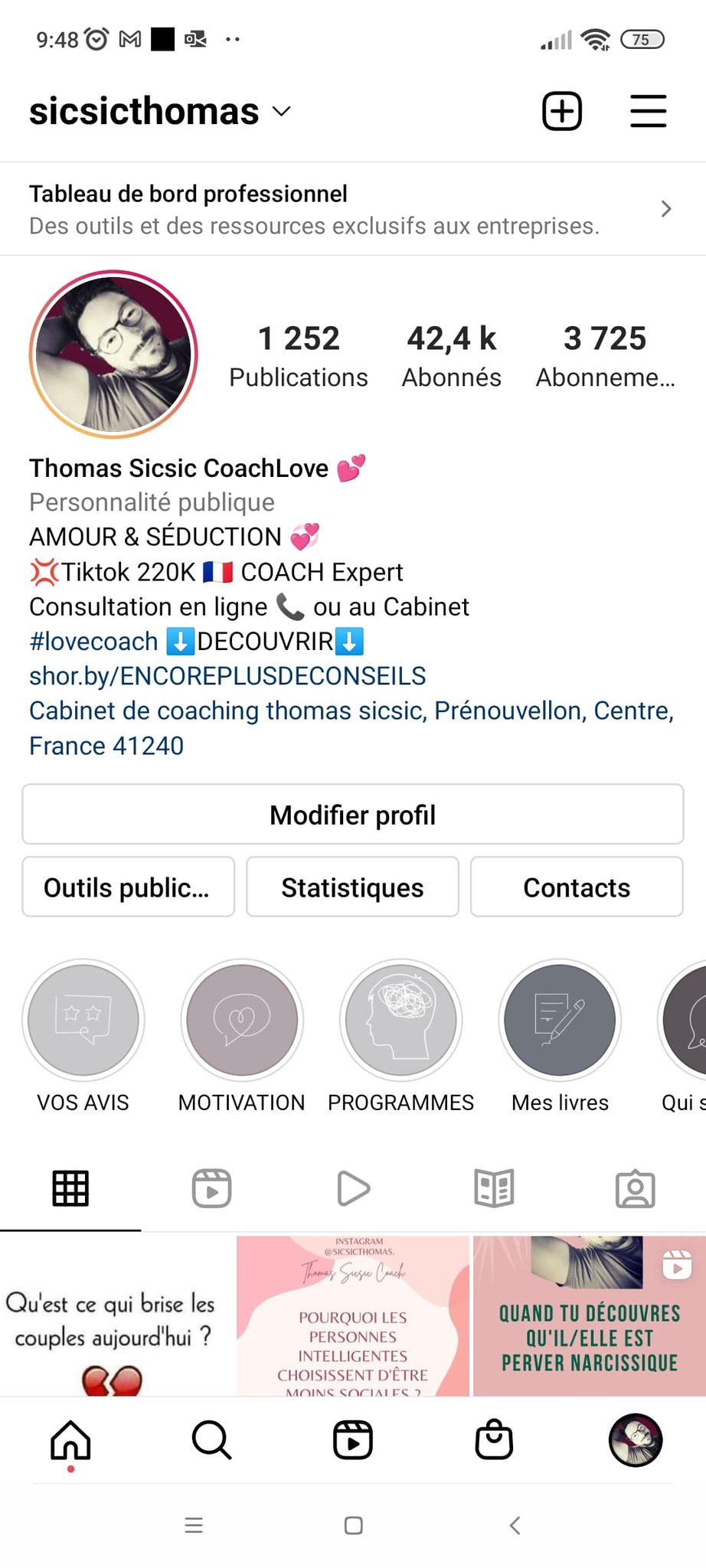 Instagram de Thomas Sicsic coach le coach spécialiste en amour avec 43 milles abonnés 