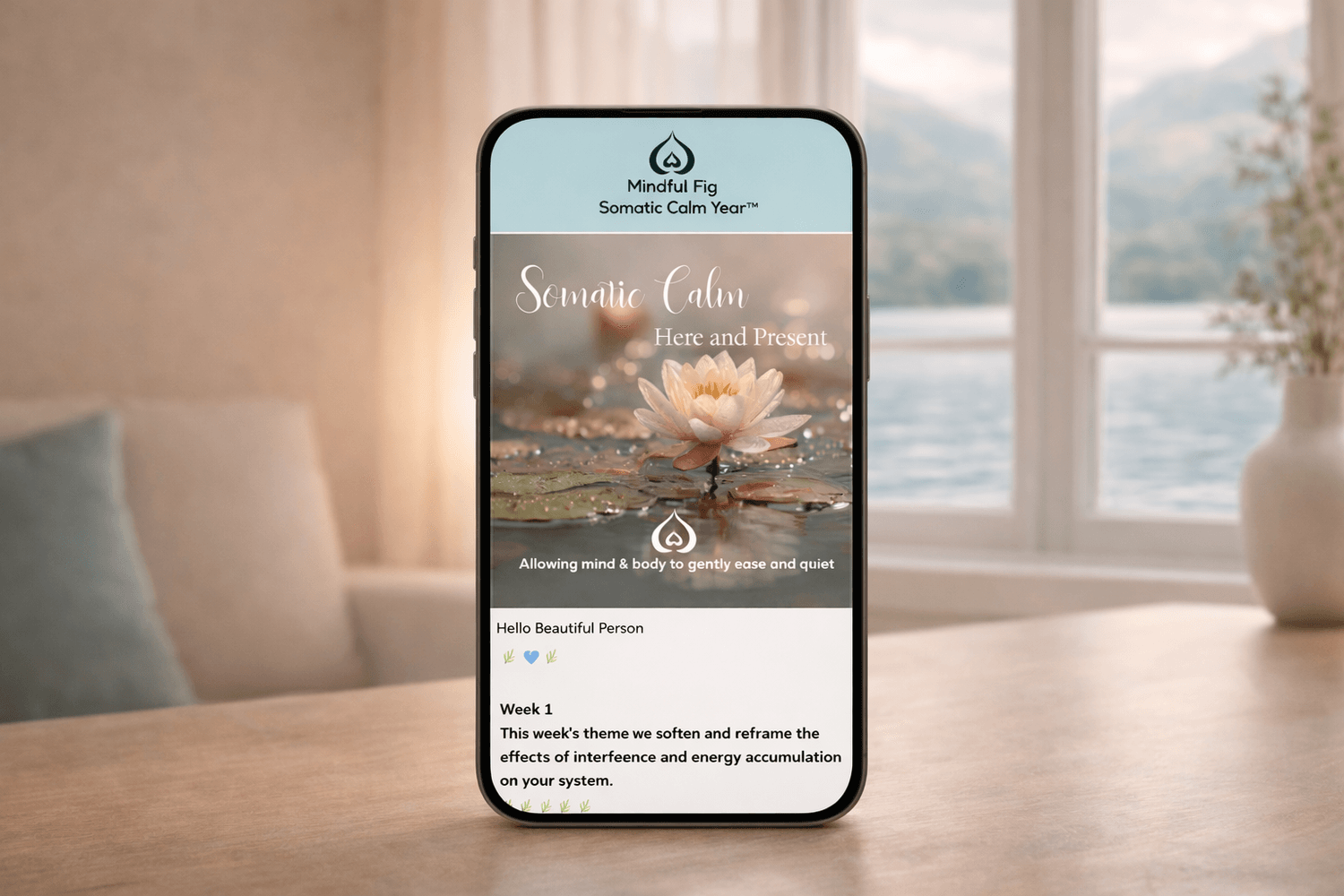 Phone displaying a Somatic Calm email designed to support overwhelmed, sensitive people in feeling calmer in mind and body.