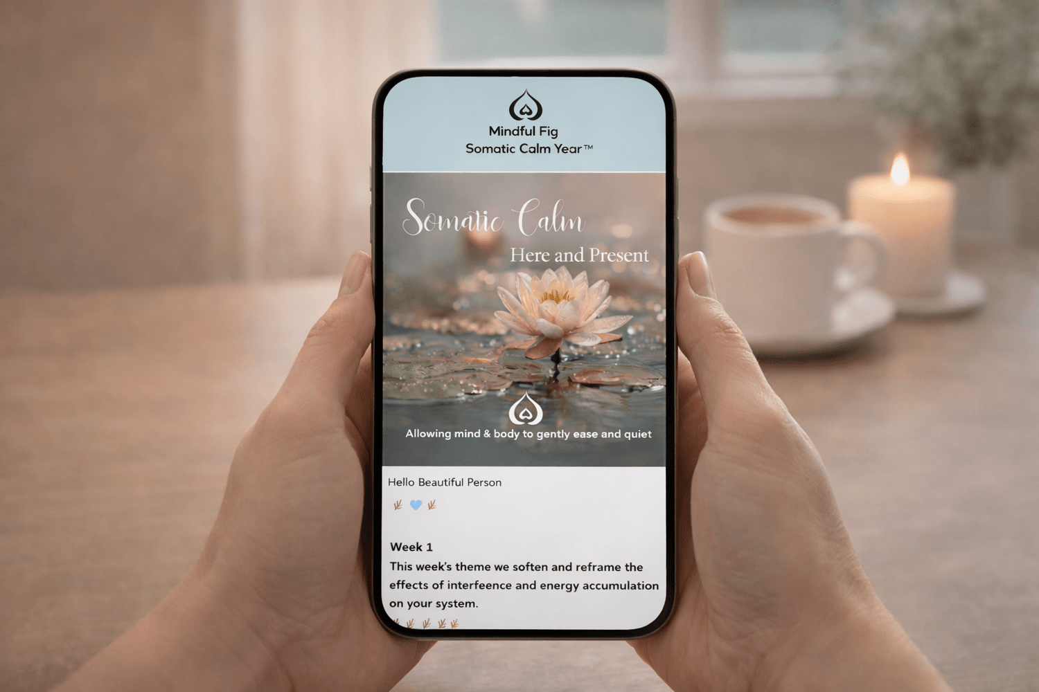 Daily Somatic Calm Year™ support for overwhelmed systems displayed on a phone in a calm space with tea and a candle. Professional energy reorganization and integration services accessible globally from the Mindful Fig, headquartered in British Columbia, Canada.