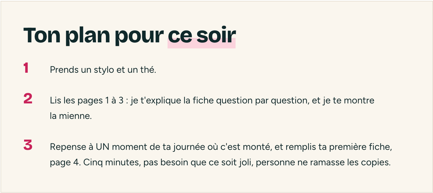 Ton plan pour ce soir 1 Prends un stylo et un thé. 2 Lis les pages 1 à 3 : je t'explique la fiche question par question, et je te montre la mienne. 3 Repense à UN moment de ta journée où c'est monté, et remplis ta première fiche, page 4. Cinq minutes, pas besoin que ce soit joli, personne ne ramasse les copies.