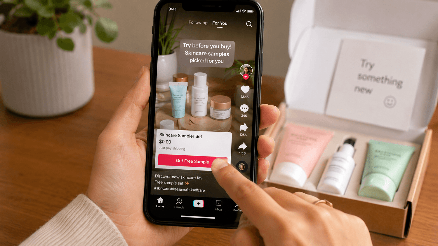 A creator requesting a product sample on a phone
