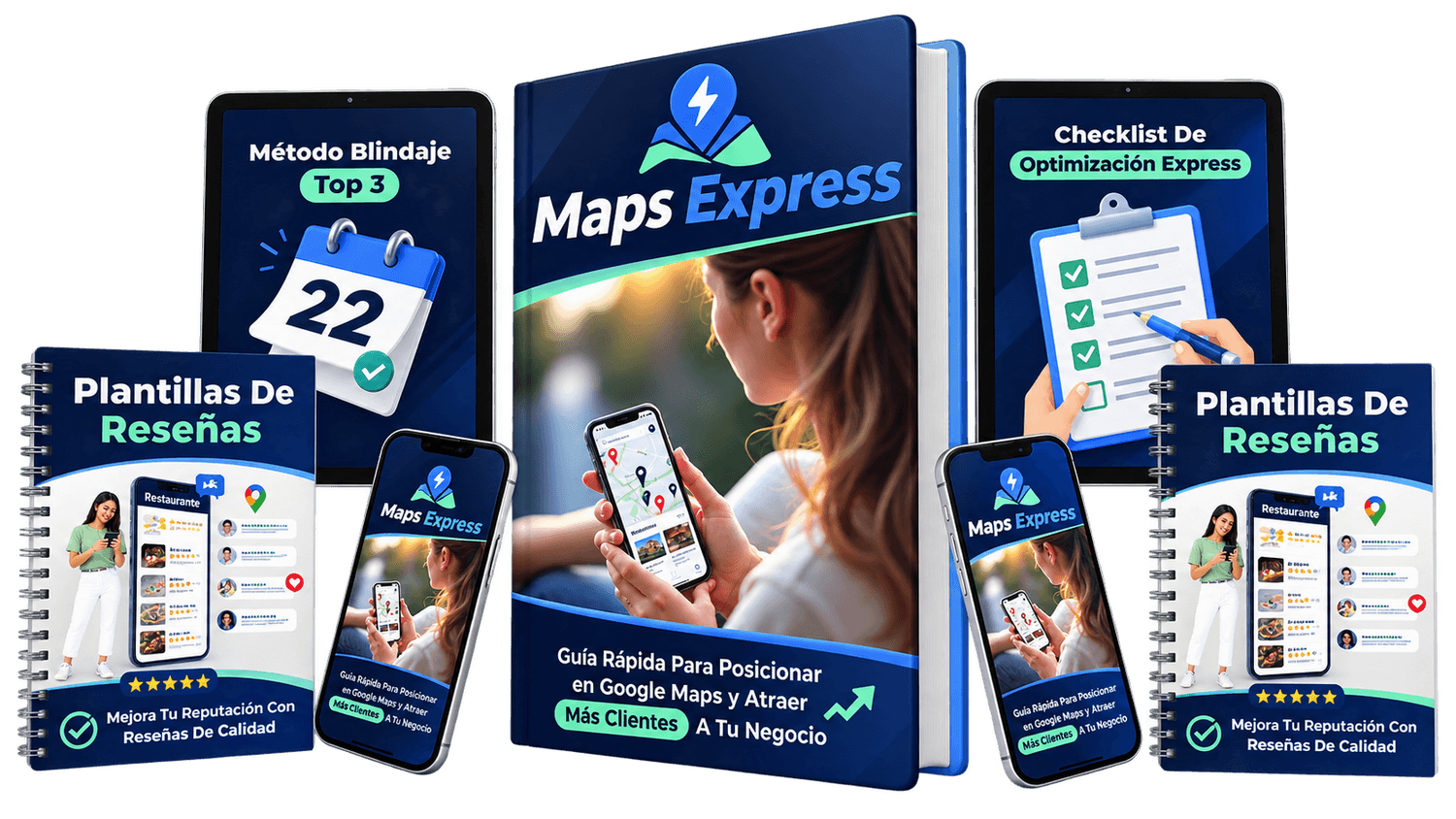 Mockup del Sistema Maps Express Pro con guía, checklist, plantillas de reseñas y método de blindaje Top 3