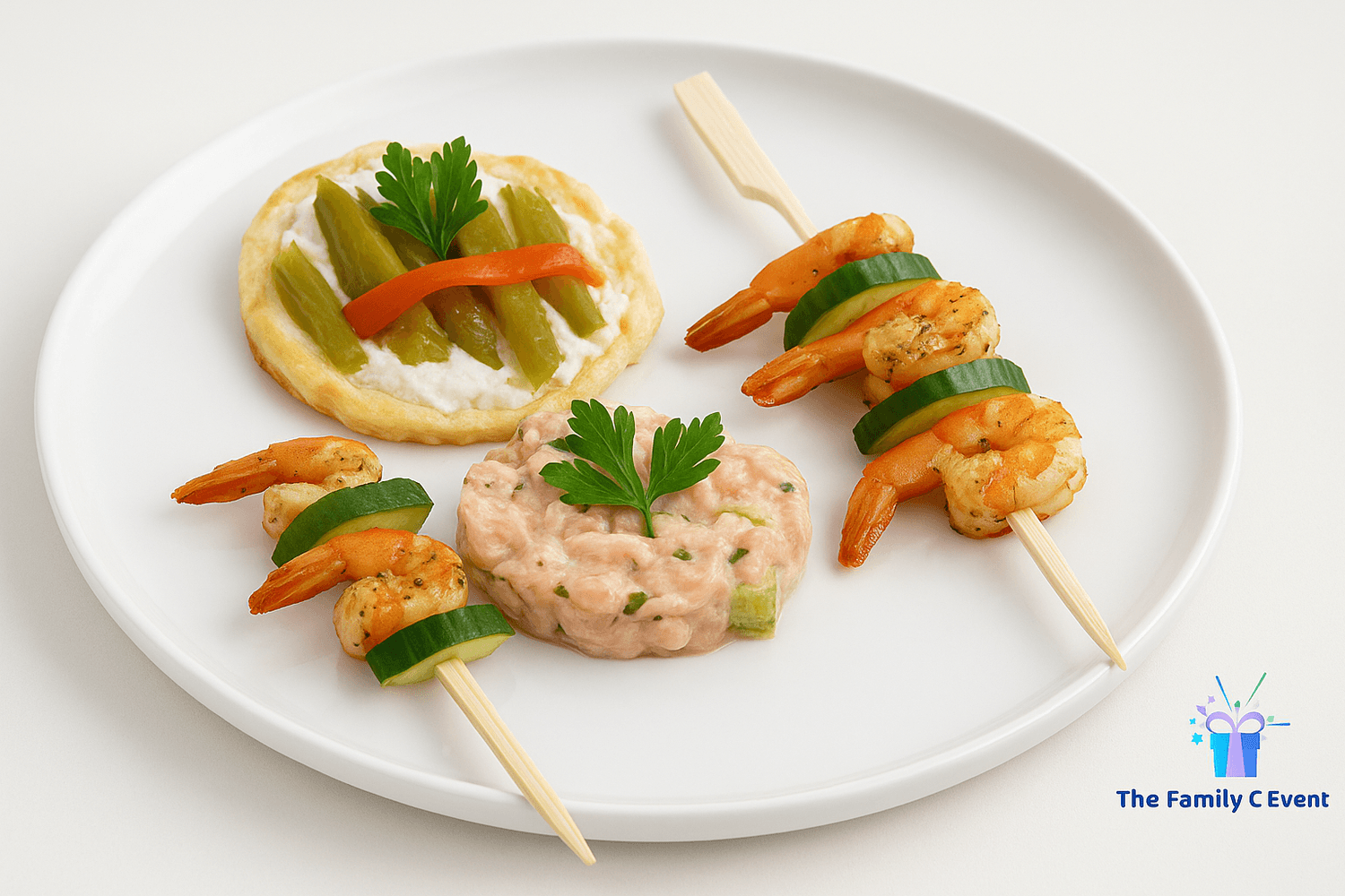 entrée tartare de saumon, brochettes de crevettes, tarte aux asperges et chèvre frais