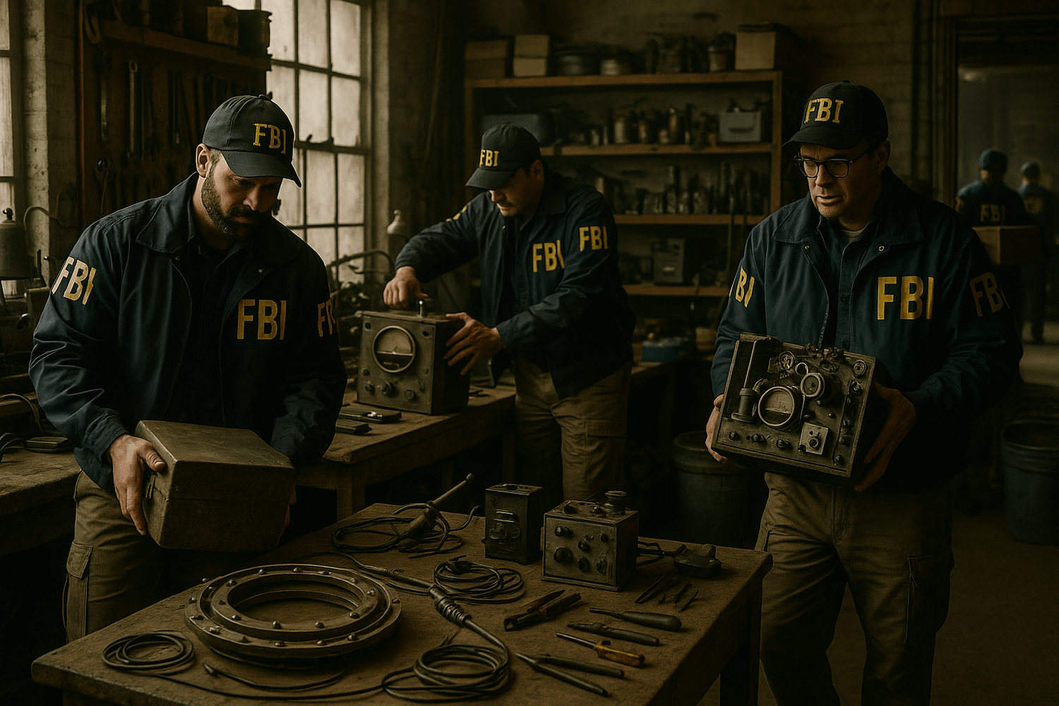 Agents du FBI saisissant du matériel dans un atelier
