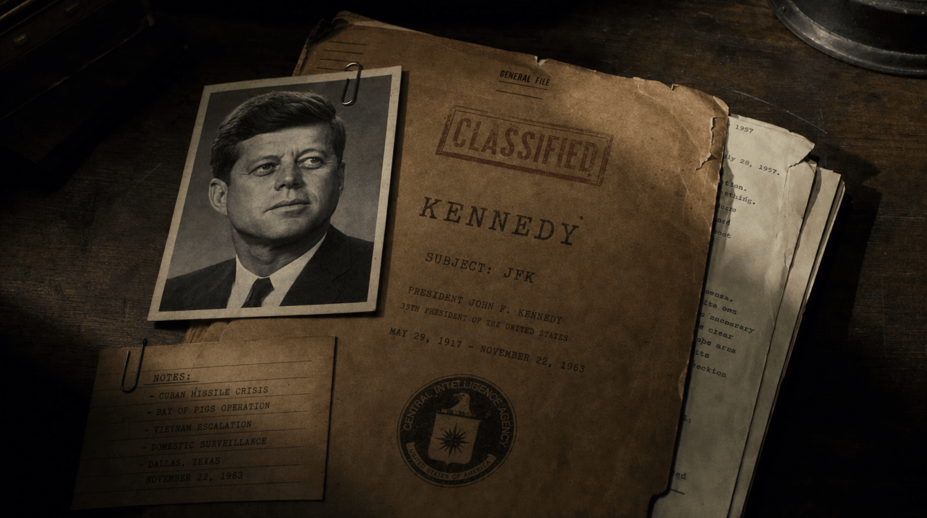 John F. Kennedy tenant un dossier, le programme nucléaire israélien de Dimona en arrière-plan.