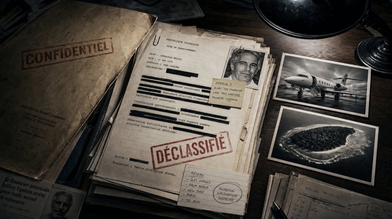 Dossier confidentiel déclassifié sur l'affaire Epstein : pages caviardées, tampon DÉCLASSIFIÉ, photos d'un jet privé et d'une île.