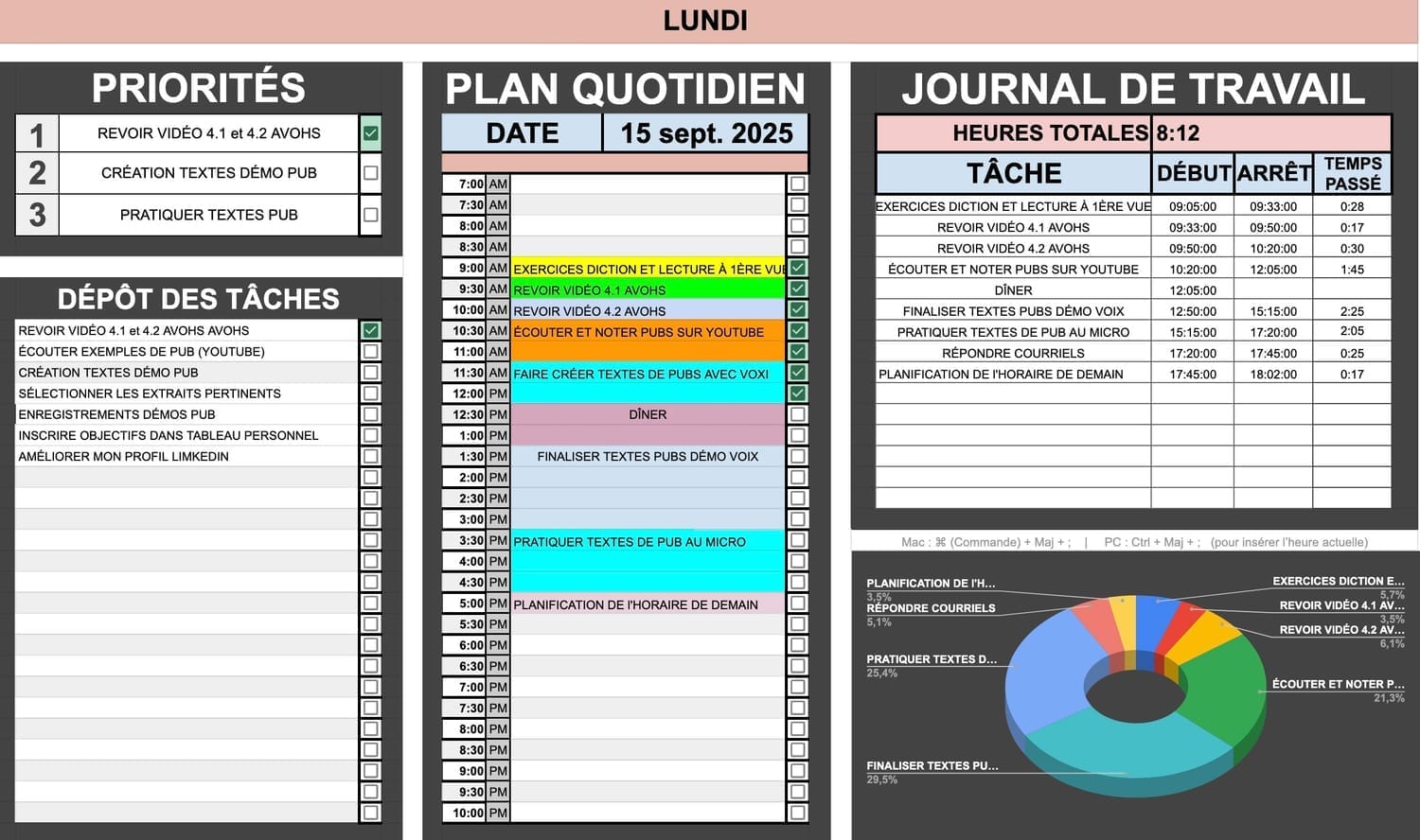 Capture d’écran du Planificateur Responsable, affichant le planning quotidien d’un freelance voix off.