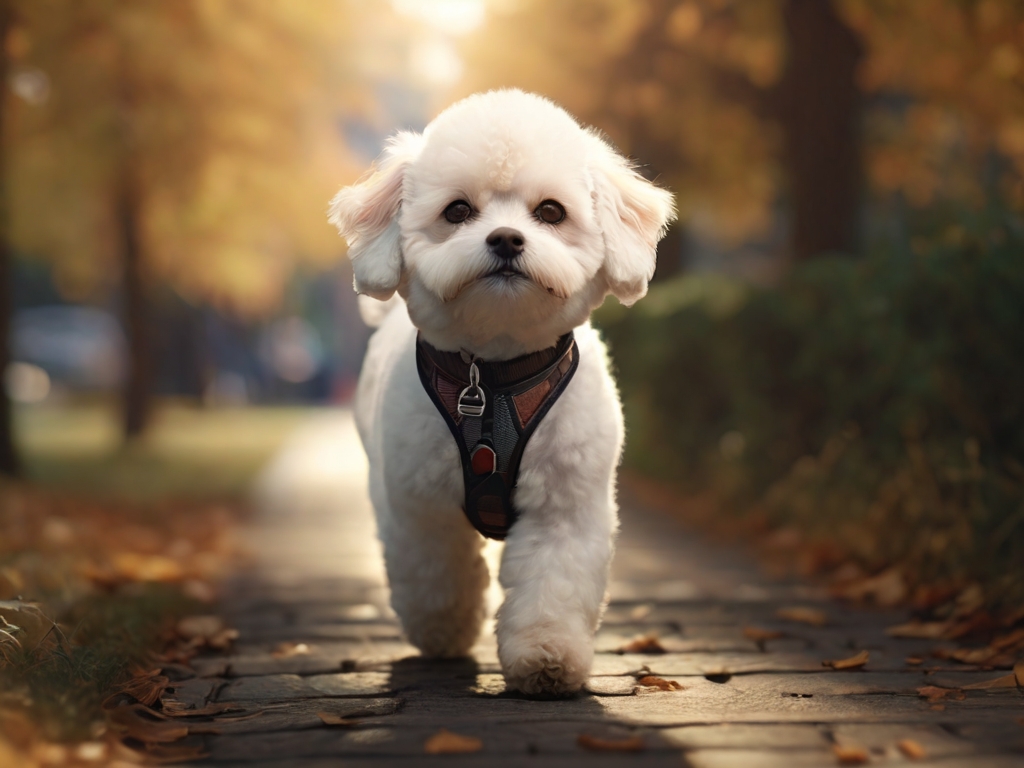 Bichon Frisé marchant dans une allée