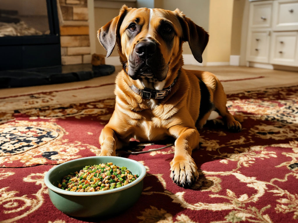 Chien couché devant sa gamelle de nourritures