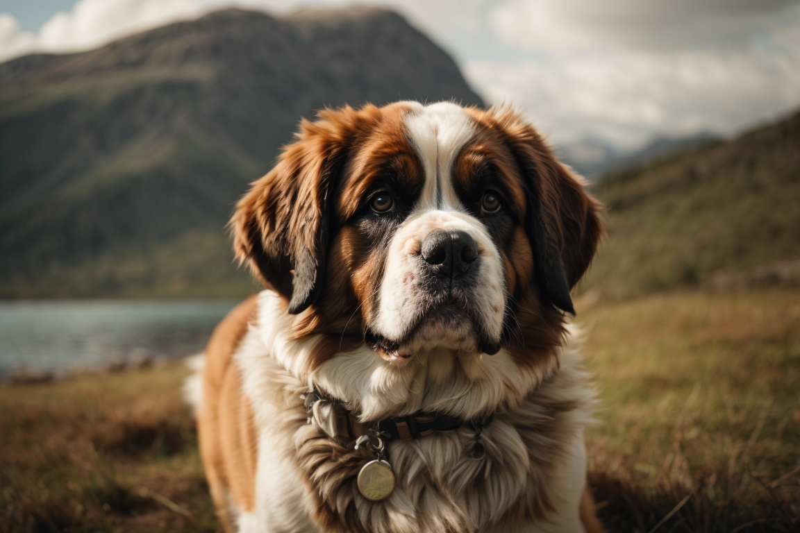 Saint Bernard se tenant proche d'un lac avec une montagne en fond