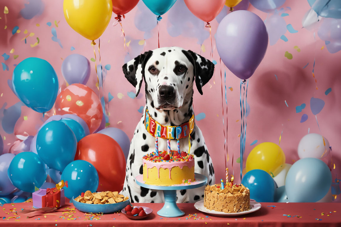 Chien assis devant son gâteau d'anniversaire