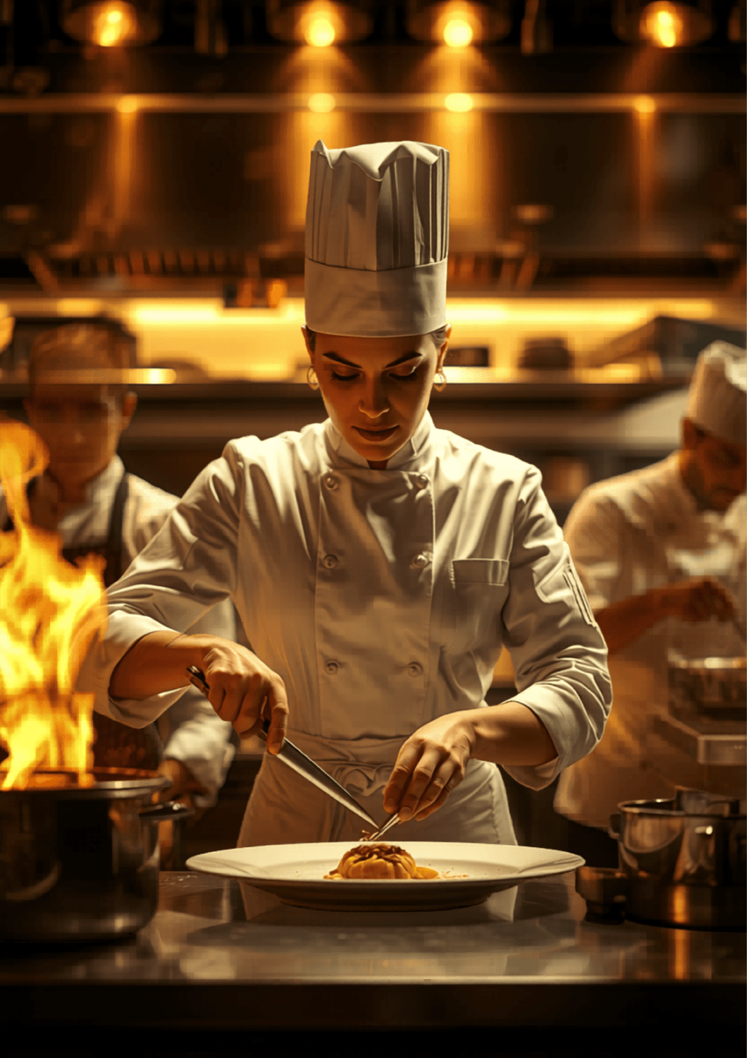 Chef marocaine et équipe en action dans une cuisine gastronomique