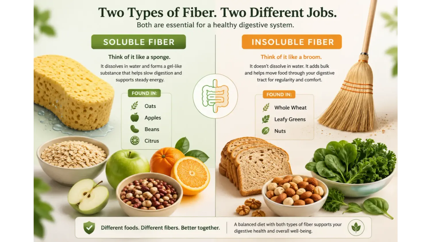 Illustration comparing soluble fiber and insoluble fiber using a sponge and broom analogy.