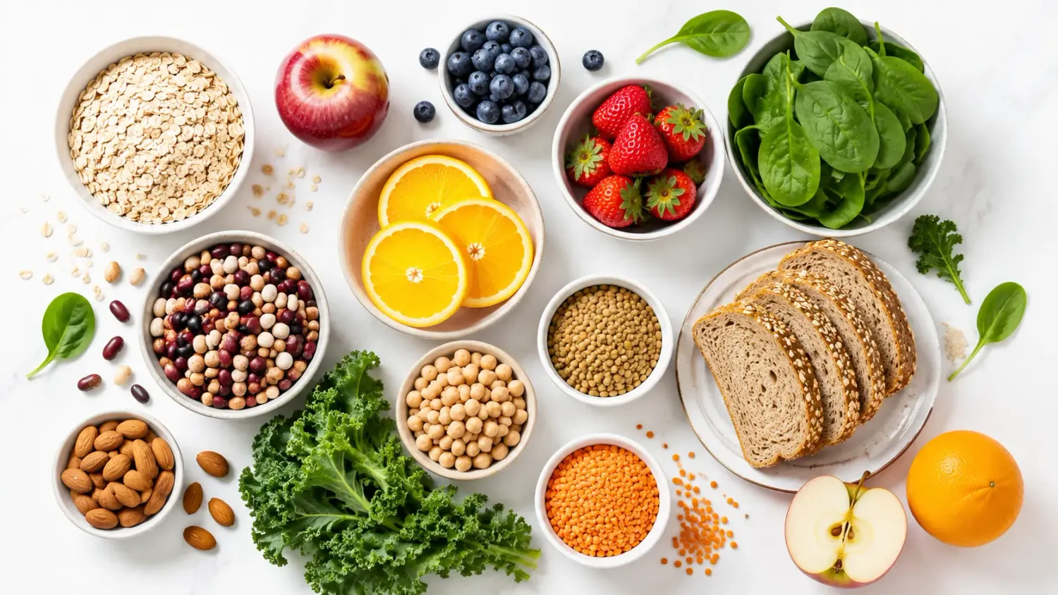 Whole foods naturally rich in dietary fiber including fruits, vegetables, beans, oats and whole grains.