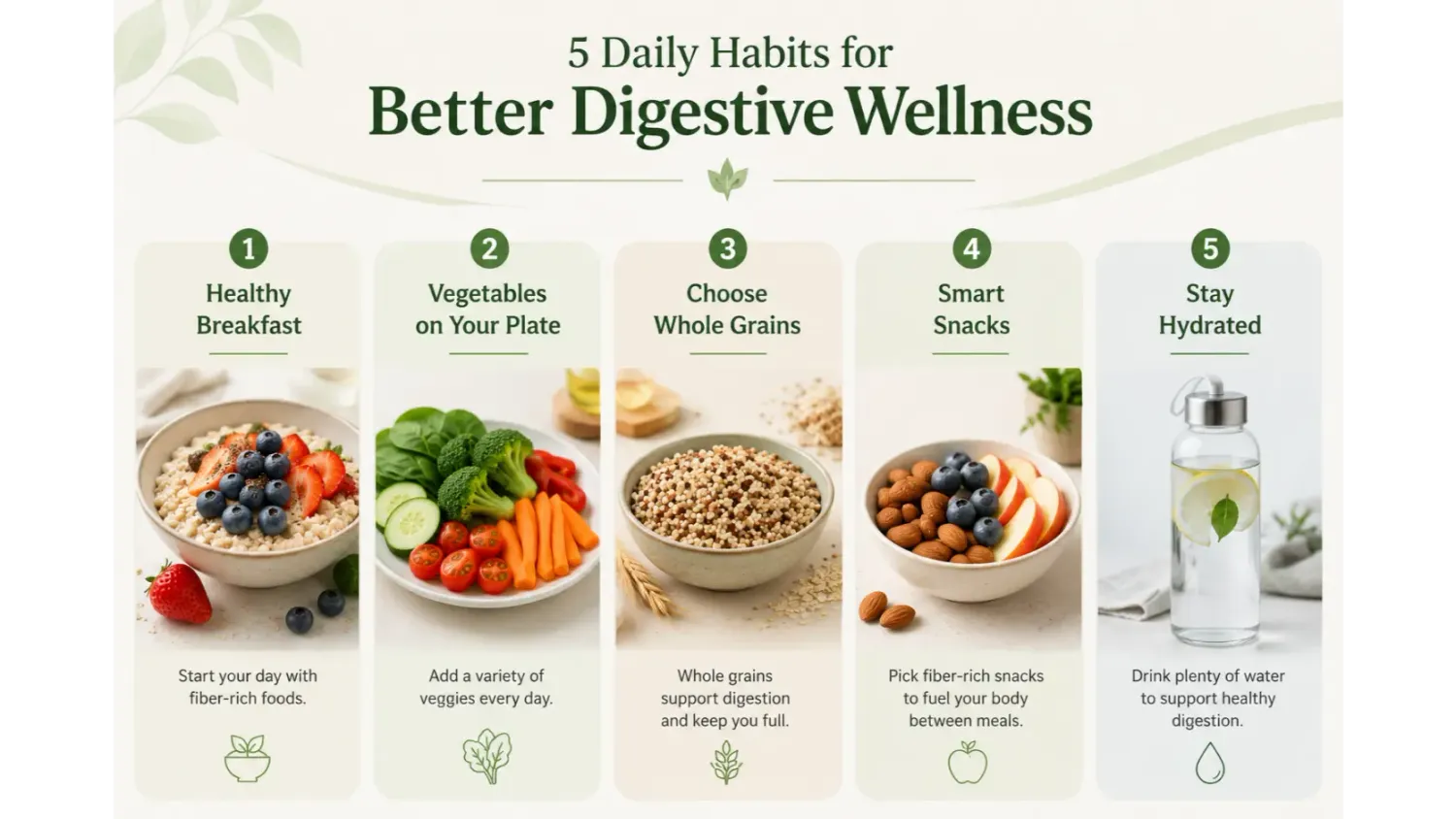 Five simple daily habits that help increase dietary fiber intake.