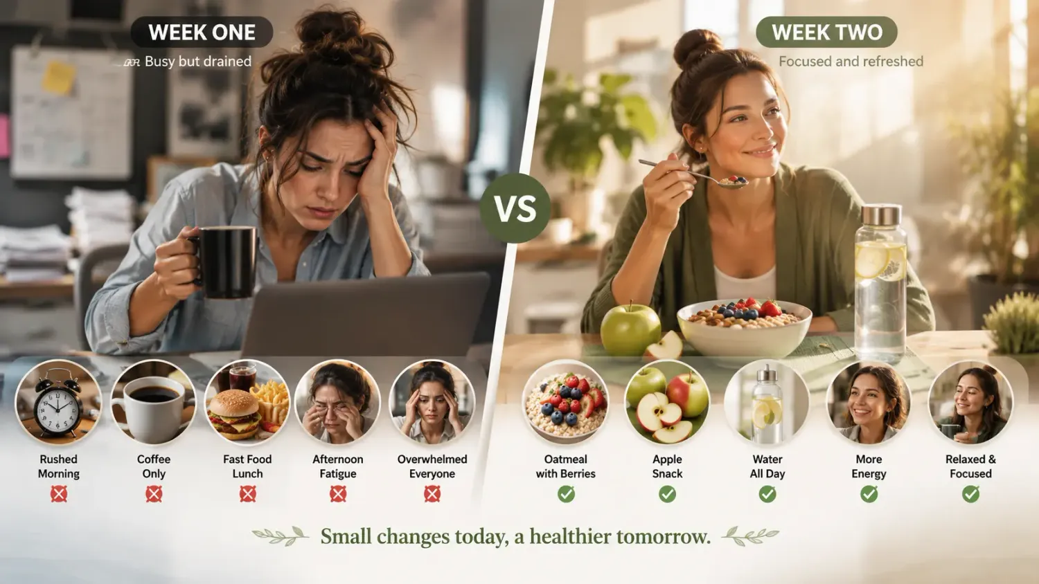 Illustration comparing Sarah's first week with her second week after making one small healthy habit change.
