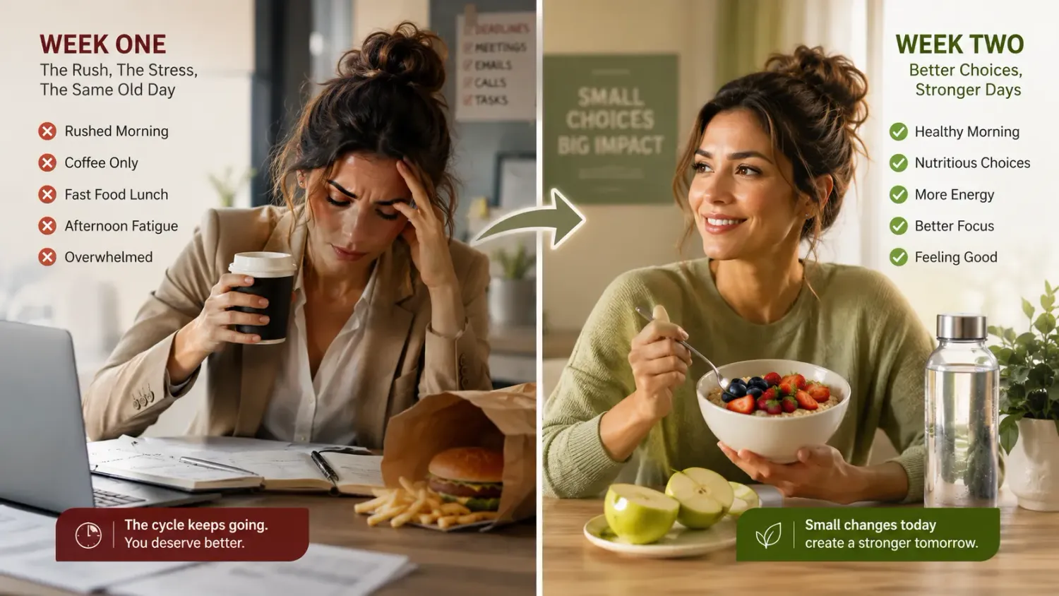 Illustration comparing a hypothetical first week with a second week after making one small healthy habit change.