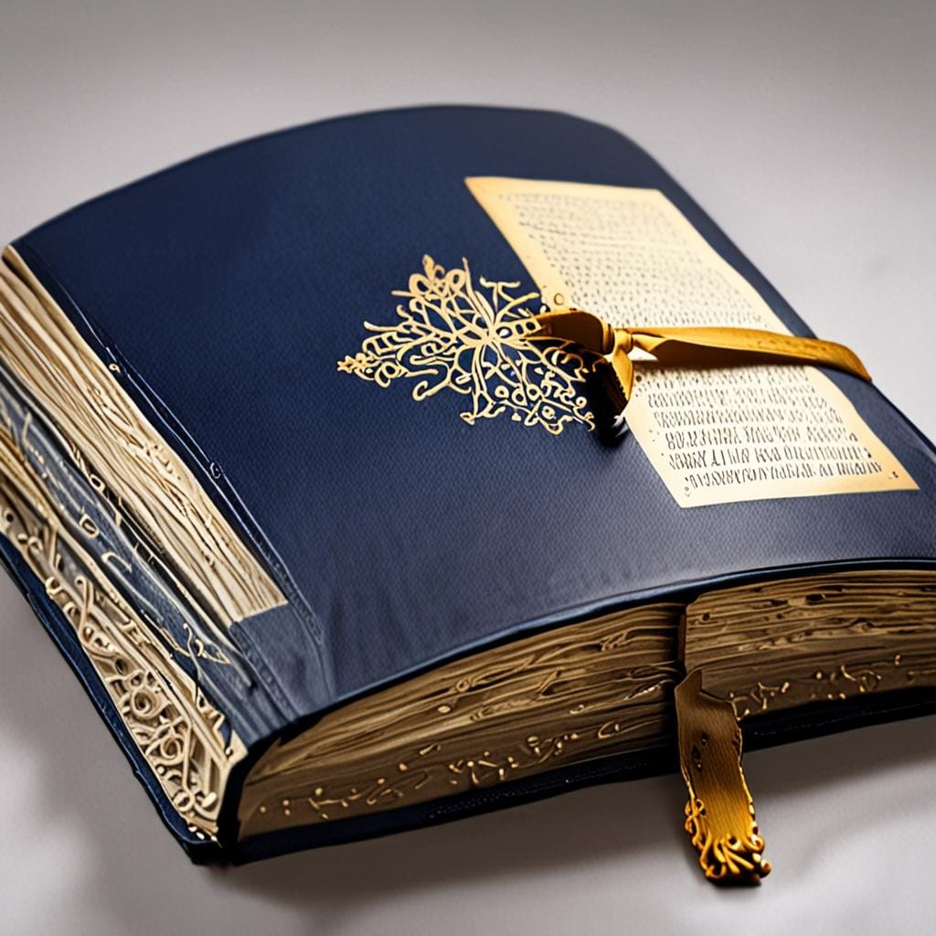 hardback Bible open pages, elegant navy and gold