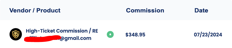 High-Ticket Commission notification showing a $348.95 payout for a Revenue Engine partner referral