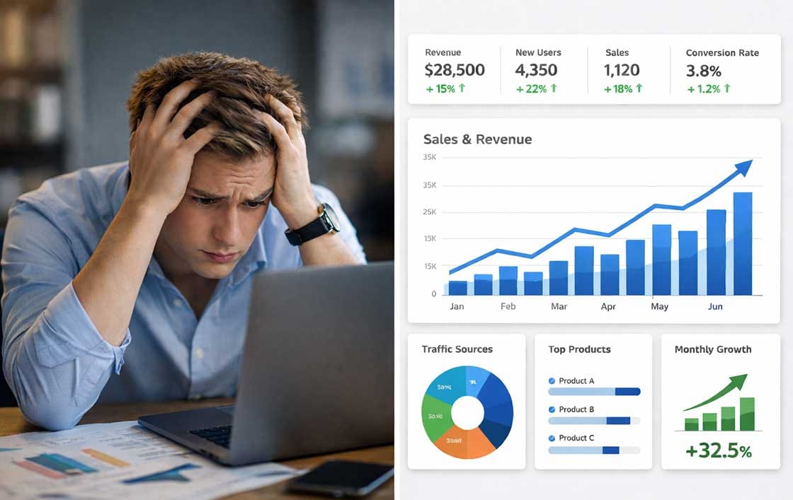 Frustrated entrepreneur looking at analytics