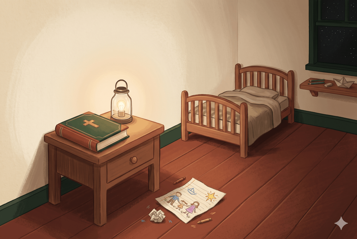 A dark child's bedroom doorway with hallway light at bedtime