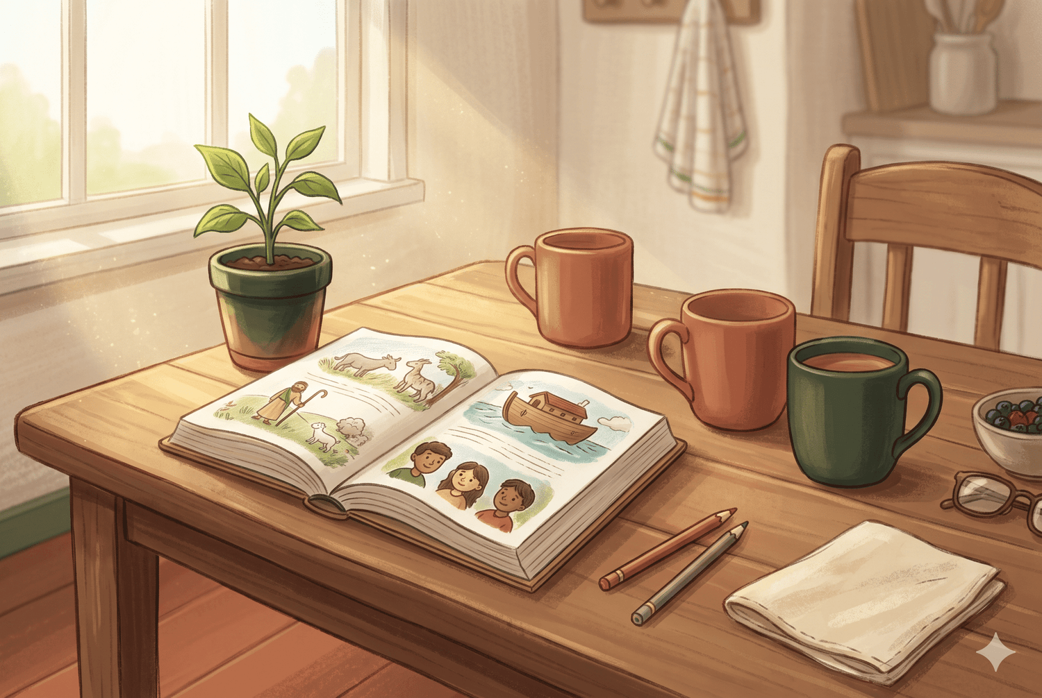 An open children's Bible on a warm kitchen table at family time