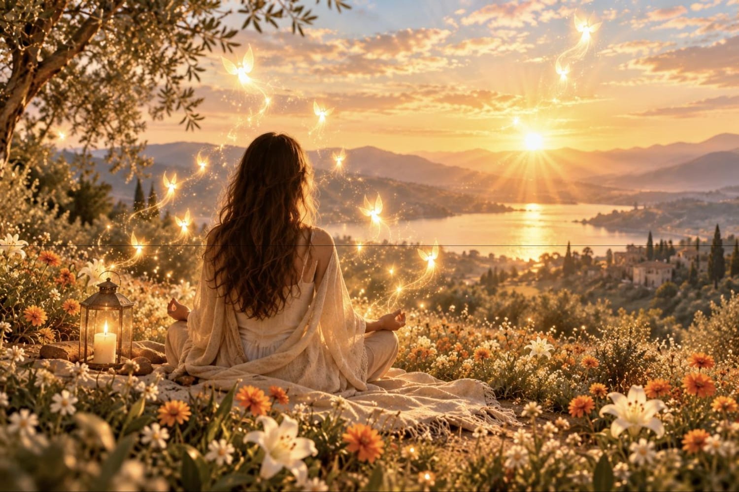 Persona meditando al amanecer en un campo de flores