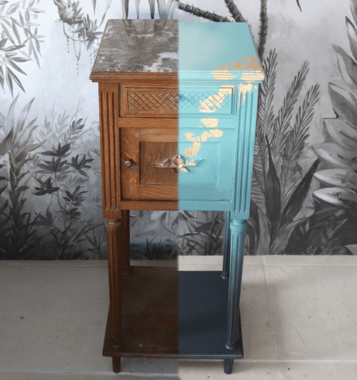 table de nuit chevet 1900 peint en dégradé de couleur et doré à la feuille 