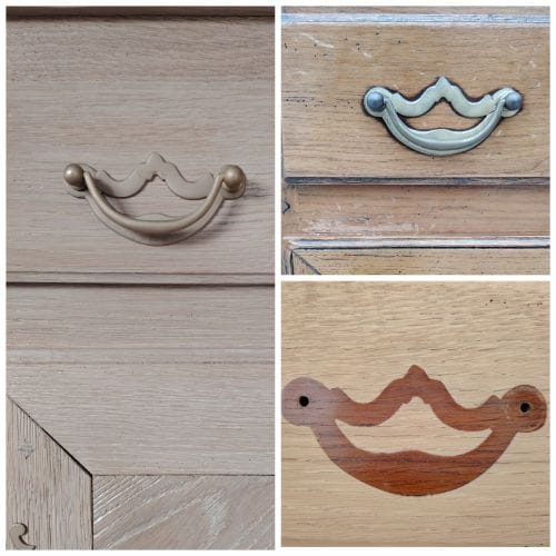 Détail d’une finition bois chêne naturel sur meuble ancien, poignée laiton sublimée