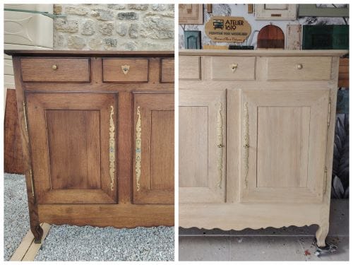 Avant après d’un buffet ancien en chêne aérogommé à l’Atelier 1619 à Valognes, Cotentin.