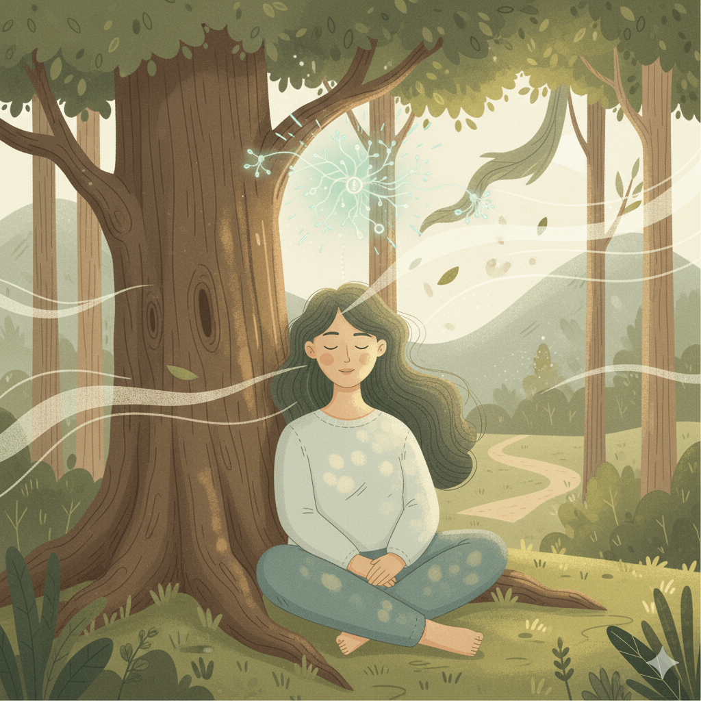 Maman fatiguée malgré le repos, assise dans un moment de silence dans la nature