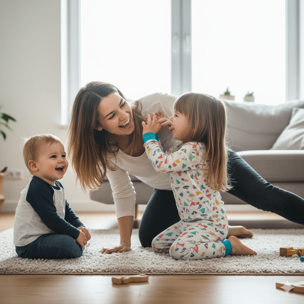 Moment de jeu corporel et de rire en famille pour libérer les tensions et renforcer le lien