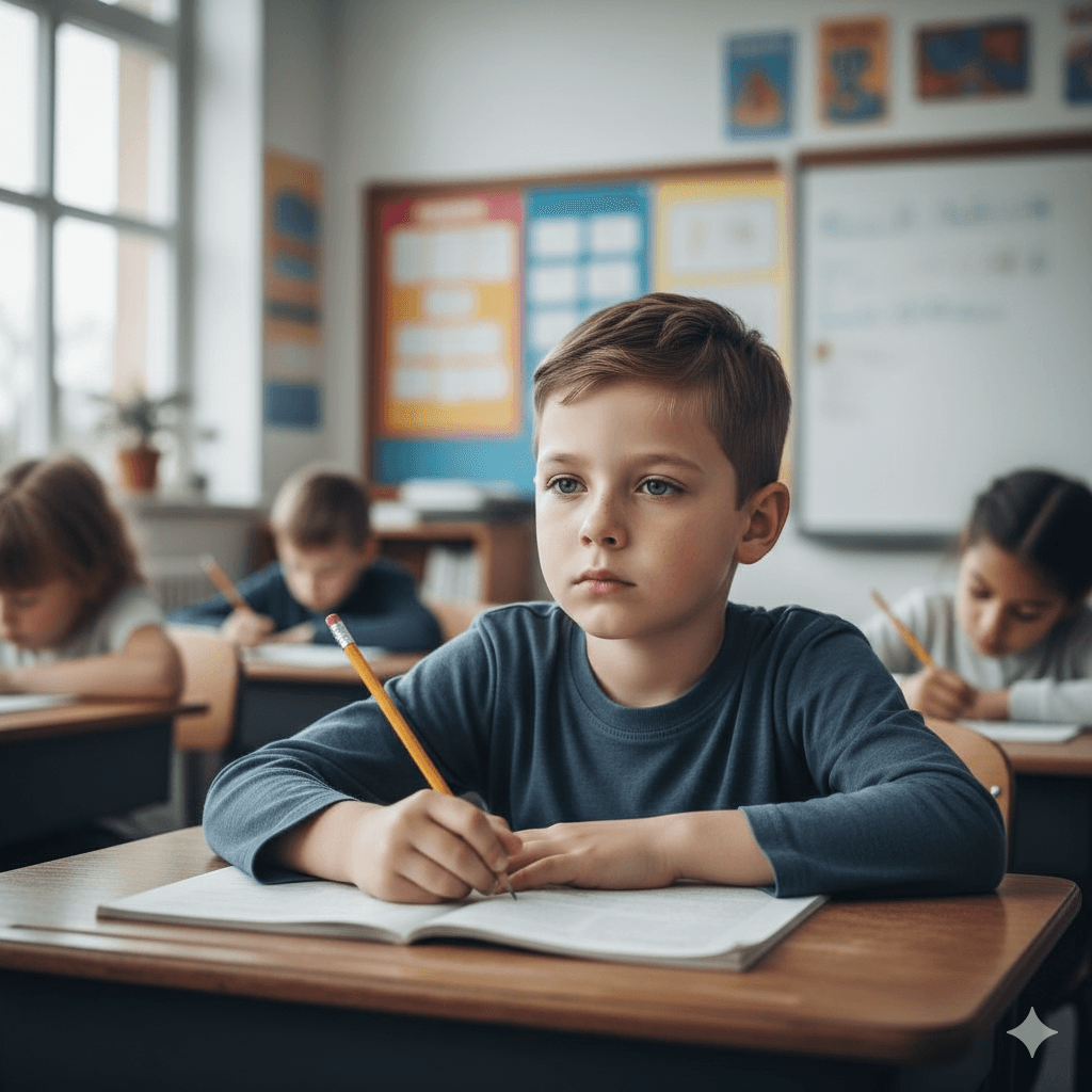 Garçon fatigué et déconnecté assis à son bureau à l’école, illustrant l’impact d’un système nerveux dérégulé sur l’apprentissage.