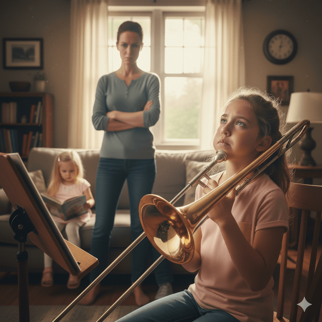 Enfant jouant du trombone avec réticence pendant que sa mère la regarde, illustrant la contrainte quotidienne et l’apprentissage de l’effort dans un cadre familial.