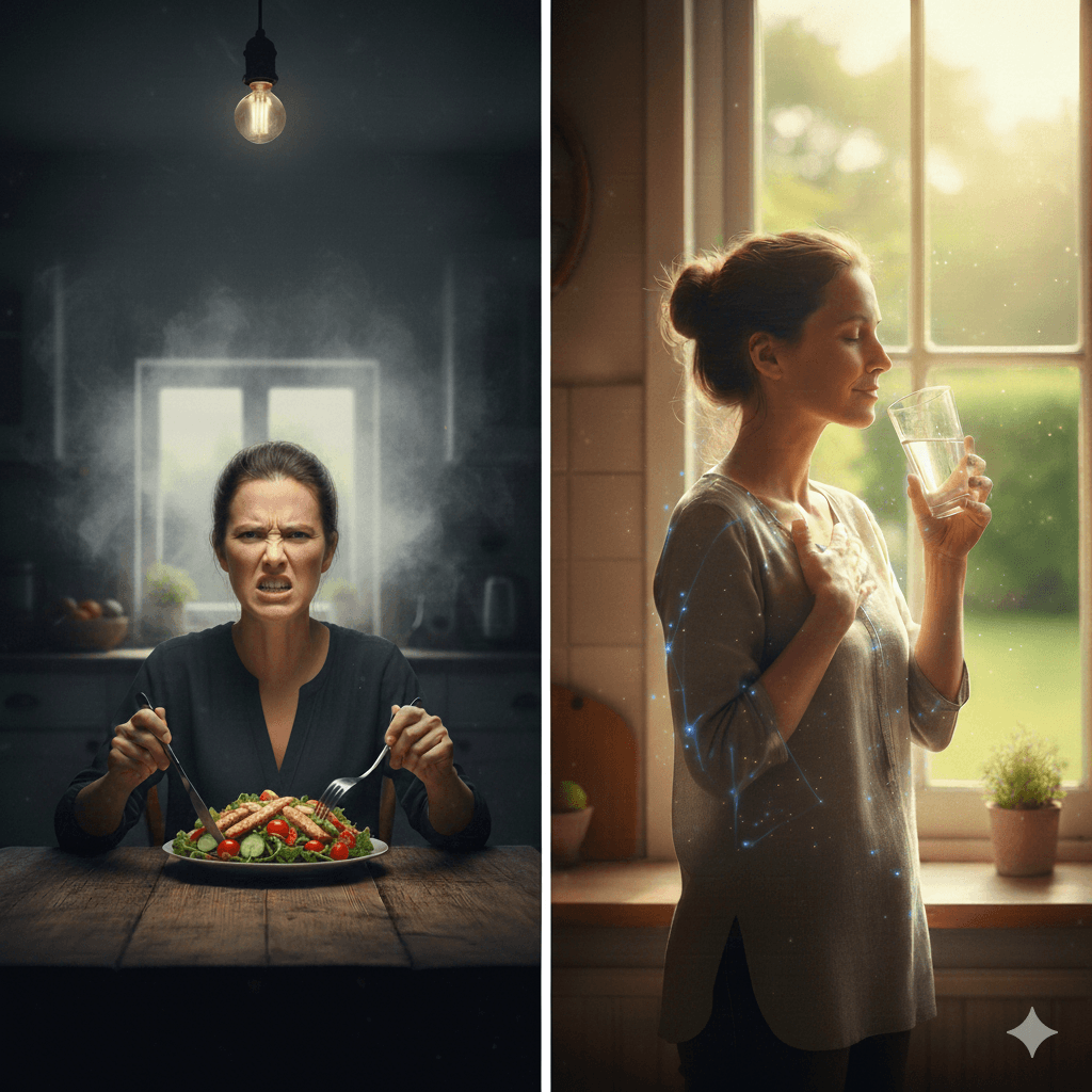 Comparaison entre une femme mangeant sous tension dans un environnement stressant et une femme mangeant calmement dans un cadre apaisant, illustrant l’impact de l’état intérieur sur la digestion et le système nerveux.