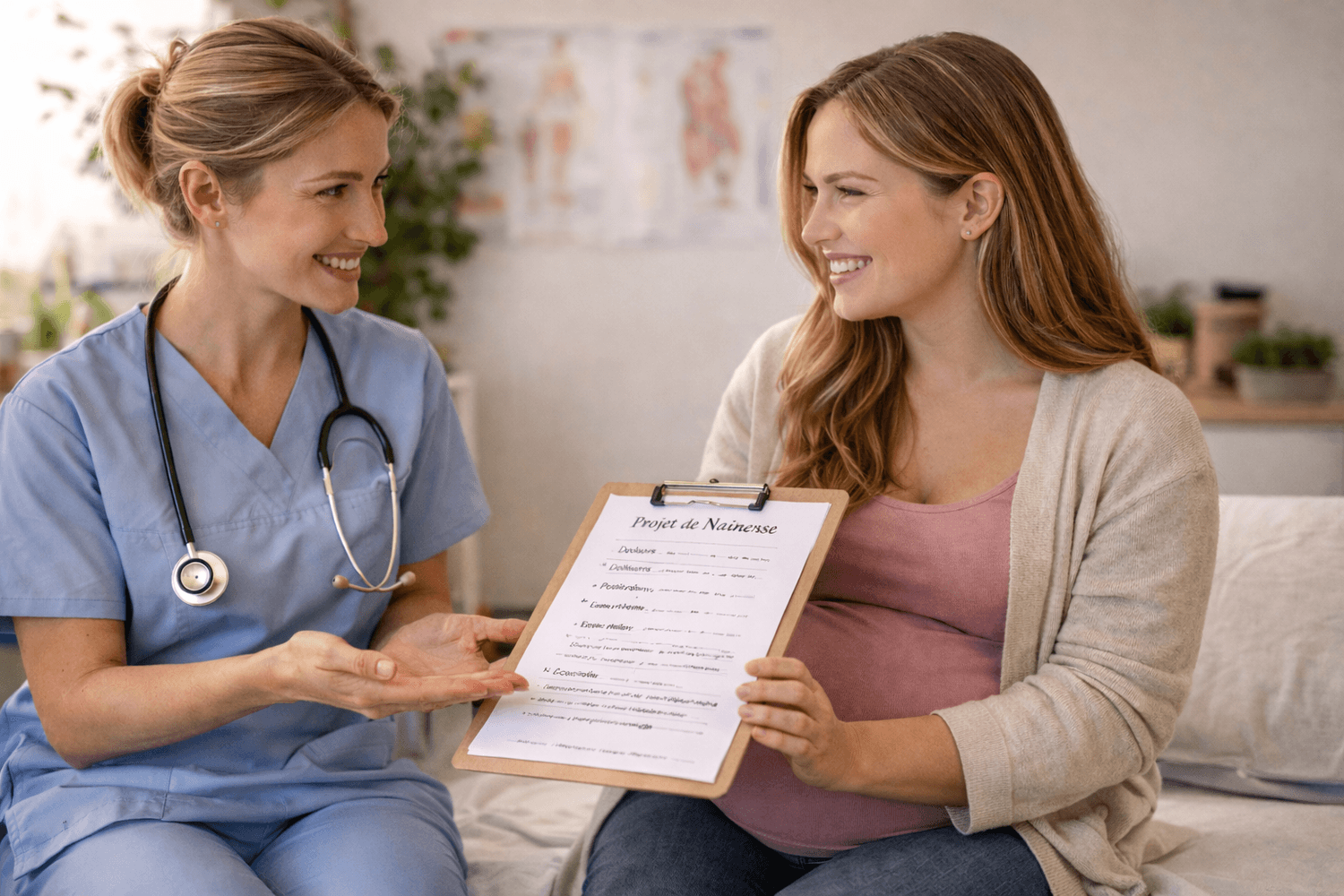 Femme enceinte présentant son projet de naissance à une sage-femme lors d’un suivi de grossesse